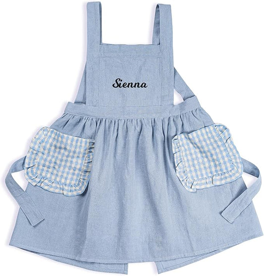 MT WORLD Girls Apron Personalized Linen Kids Aprons for Cooking Toddler Girls Cross Back Apron Pinafore for Baking Crafting