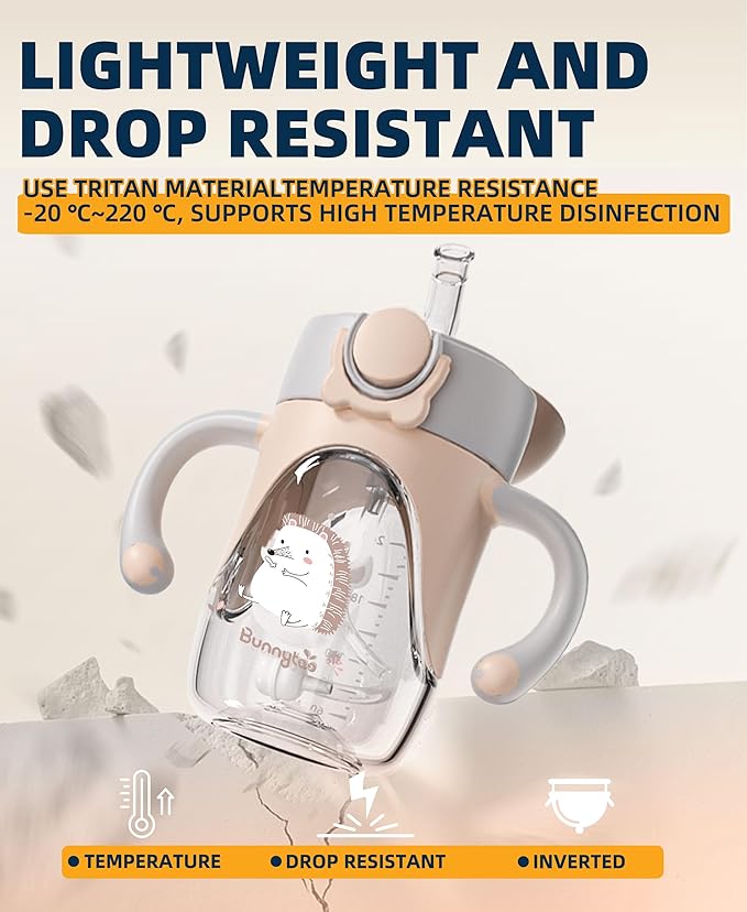 Bunnytoo Baby Sippy Cup with Weighted Straw for Infants 6-12 Months, 8oz Toddler Drinking with Handles, BPA-Free, Transition Trainer for 1+ Year Old (Apricot)