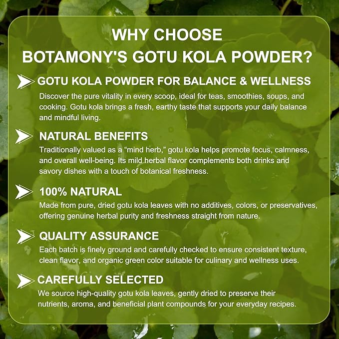 BOTAMONY Organic Gotu Kola Powder 7oz, Centella Asiatica Herbal, Non-GMO Vegan Gluten-Free, Traditionally Used in Ayurveda for Focus and Daily Vitality, Fine Leaf Powder