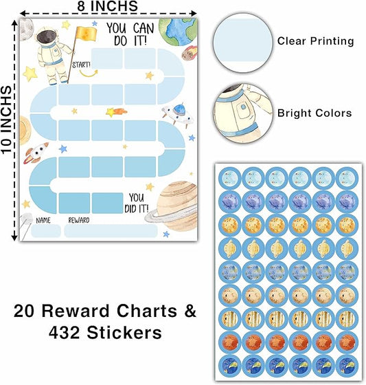 20 Outer Space Astronaut Reward Chart with 432 Round Stickers, Incentive Behavior Chart for Kids at Home Classroom, Kids Routine Daily Chore Sticker Chart-B17