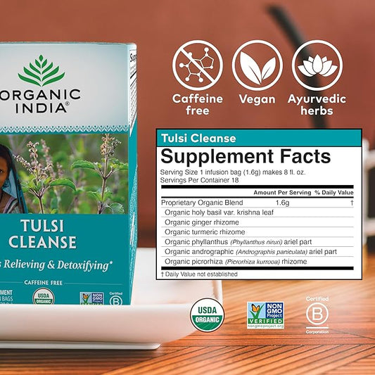 ORGANIC INDIA Tulsi Cleanse Tea - Holy Basil, Ginger, Turmeric, Herbal Tea, Stress Relieving & Cleansing, Immune Support, Adaptogen, Organic, Non-GMO, Caffeine-Free - 18 Infusion Bags, 3 Pack