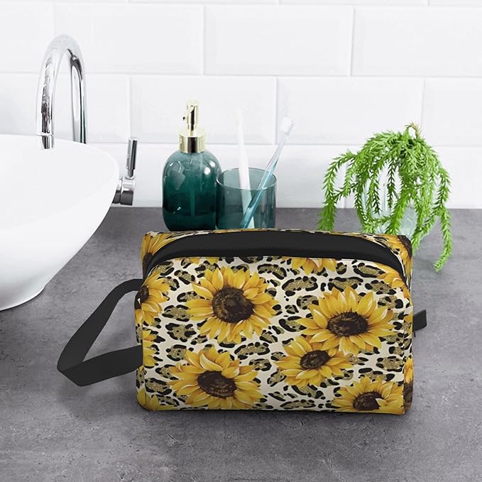 Sunflower Leopard Toiletry Bag for Women Men Portable Travel Wash Bag Waterproof Gym Shaving Toiletries Cosmetic Organizer Bag, Shower Bathroom Toiletries Accessories Makeup Bag with Handle