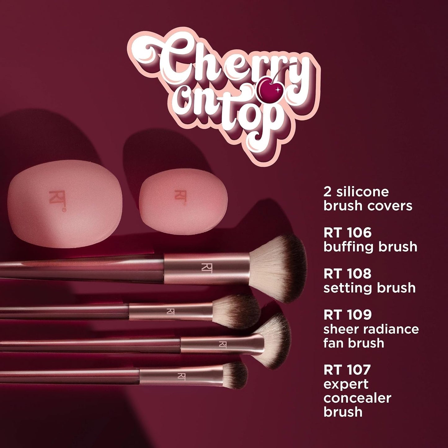 Real Techniques Cherry On Top A Brighter Hue Base Set, Face Makeup Brushes & Travel Covers, For Foundation, Concealer, Powder, & Blush, Synthetic Bristles, Vegan & Cruelty-Free, 6 Piece Set