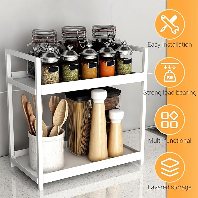 2-Tier Bathroom Counter Organizer with Basket, Vanity Tray Shelf, Bathroom Organizer Countertop, Vanity Organizer Bathroom Tray, Makeup And Skincare Organizers for Vanity, Kitchen Spice Rack (White)