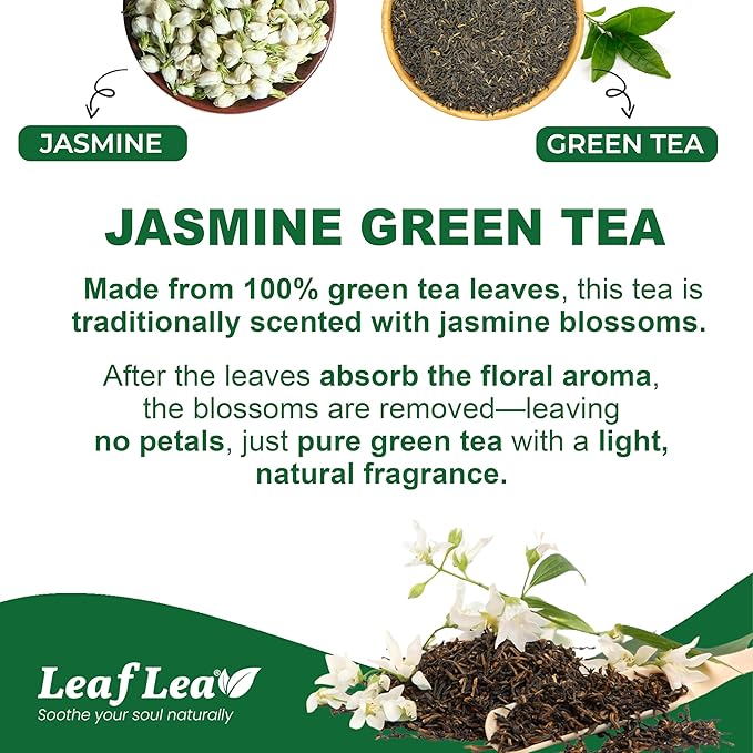 LeafLea 80 Jasmine Green Tea Bags, Green Tea with Natural Jasmine Aroma, Light Focus & Daily Balance, Delicate Floral and Smooth Taste, Caffeinated, Sugar-Free, Non-GMO, Vegan, Individually Wrapped