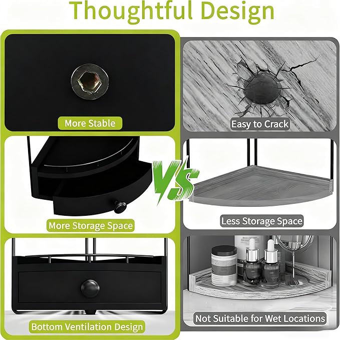 2-Tier Corner Bathroom Counter Organizer with Drawer & Embedded Screw Holes - Wooden Countertop Organizers for Skincare, Makeup Storage, Bathroom Sink Counter Shelf for Vanity, kitchen, Black
