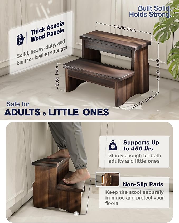 Wooden Two Step Stool, Heavy Duty 2-Step Ladder for Adults & Kids, Supports up to 450lbs for Kitchen, Bathroom or Bedside Use (Walnut Finish)
