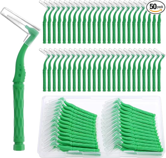 50pcs Interdental Brushes, Green Soft Dental Brushes with Non-Slip Handle Angled Head Tooth Picks Floss Sticks Dental Floss Brushes for Braces Oral Cleaning Narrow Gaps Between Teeth