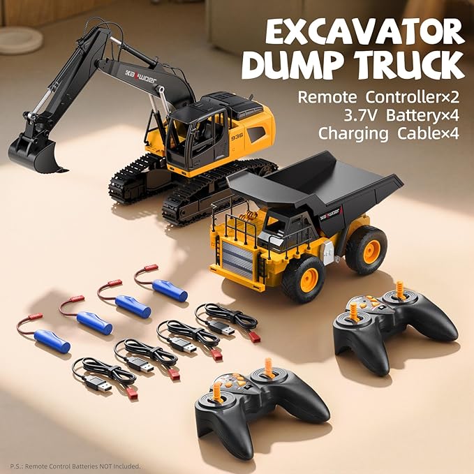 Ruko 1562 RC Excavator and Dump Truck Toy Set, 2.4GHz 9CH Remote Control Construction Vehicles with Lights & Sounds, Metal Bucket, 680° Rotation, Realistic 1:24 Scale Trucks for Kids