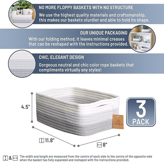 NaturalCozy 11.8"x8"x4.5” Rectangle Storage Baskets for Shelves 3 Pack | Cotton Rope Woven Small Baskets for Organizing | Small Storage Bins for Nursery, Bathroom, Closet, Shelf, Decorative, Gift