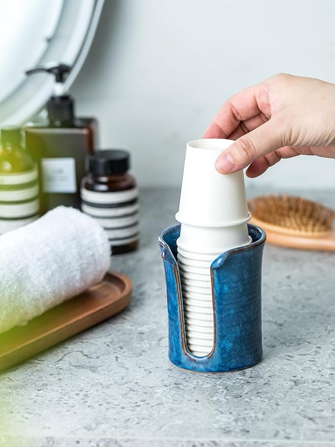 Bathroom Cup Holder, Ceramic Bathroom Cup Dispenser 3 Oz, Small Mouthwash Cup Dispenser Disposable Paper Cup Holder for Bathroom, Coffee Bar, Stoneware Design Modern Decor, Blue