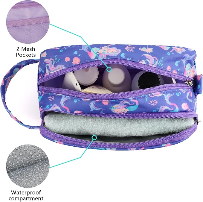 Mermaid Kids Toiletry Bag for Girls, Travel Toiletry Bag for Little Young Girls Cosmetic Bag Makeup Bag Waterproof Hanging Wash Bag Toddler Toiletries, Purple
