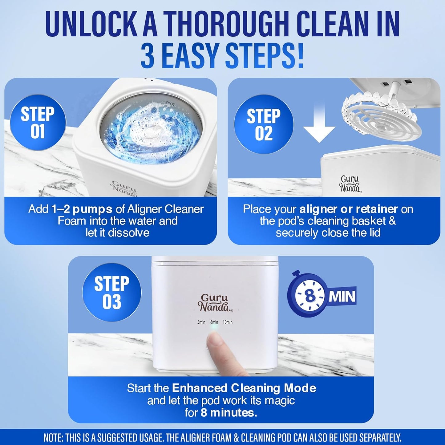 GuruNanda Retainer Cleaner Set – Ultrasonic & UV Cleaning Pod & Aligner Cleaning Foam, Deep Clean & Odor Neutralization for Retainers, Aligners, Dentures & Mouthguards