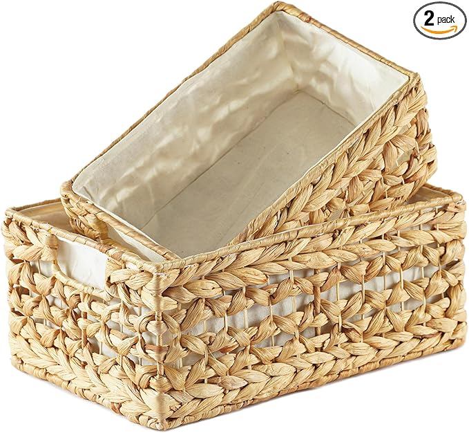 Greenatural Water Hyacinth Storage Baskets Set of 2, Handwoven Rectangular Organizer Trays with Liners, Rattan Wicker Bins with Handles, Storage Organizers for Shelf, Bathroom, Kitchen, Office