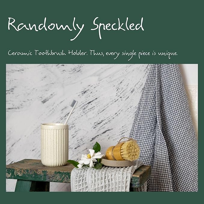 2 Pack Beige Speckled Ceramic Toothbrush Holder, Rippled Cylinder Tumbler for Bathroom Countertop, Makeup Brush Holder, Pen Organizer, Multipurpose Bathroom Accessory