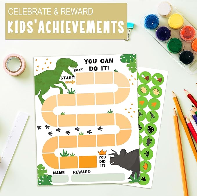 10 Dinosaur Reward Chart with 216 Round Stickers, Incentive Behavior Chart for Kids at Home Classroom, Kids Routine Daily Chore Sticker Chart-A09