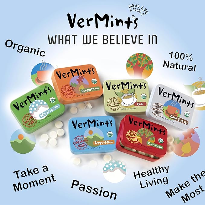 VerMints Organic Breath Mints Wintergreen - Real Long-Lasting Refreshment, Travel Size Tin - Non-GMO, Vegan, Nut Free, Gluten Free & Kosher Organic Candy Mints- 1.41oz Tins (Pack of 6)