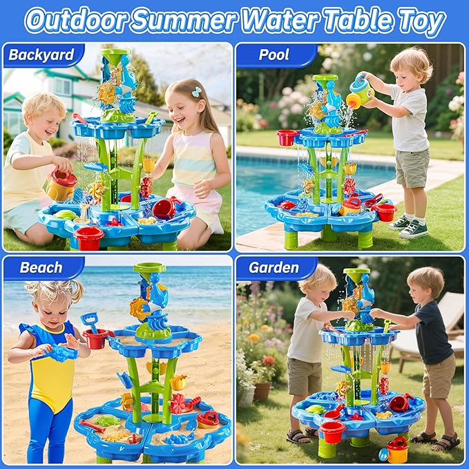Water Table for Toddlers 1-3 & Kids 3-5 Outdoor Splash Pond & Sand Play Set with 3-Tier Water Table Rain Showers & Sensory Playset Activities – Summer Toys Birthday Gift for 3 4 5 6+ Years Old