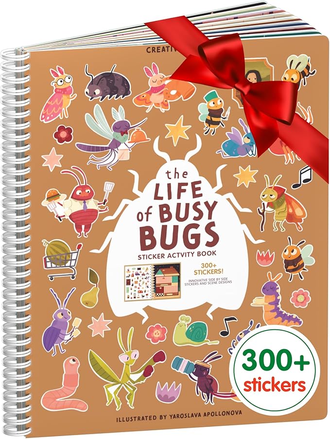 CUPKIN The Life of Busy Bugs Sticker Book, Toddler Sticker Book for Kids, Fun Bugs Toy, Road Trip Essentials, 300+ Girly Stickers with 8 Sticker Scenes and Coloring Pages, Ages 2+