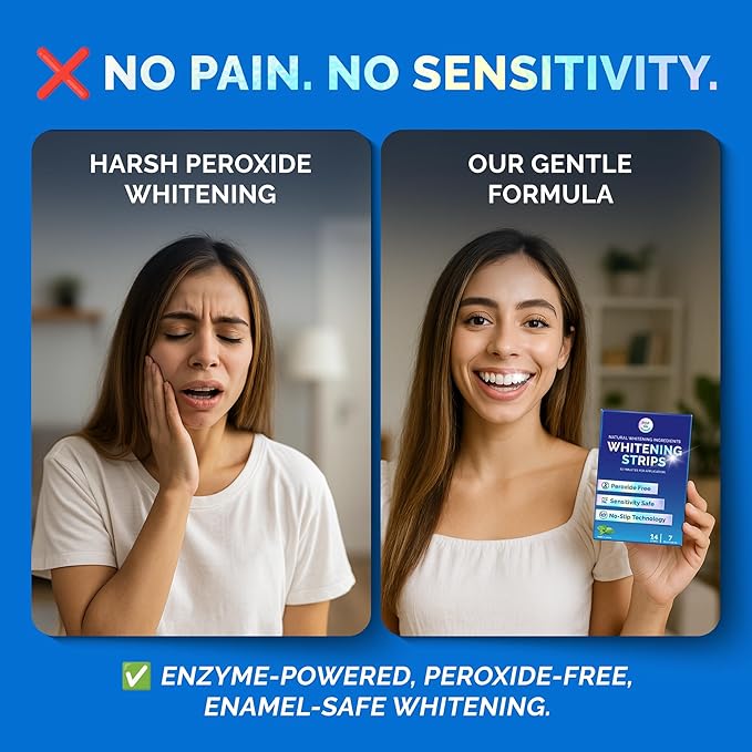 Whitening Strips for Sensitive Teeth – Enamel Safe, Peroxide-Free Coconut Teeth Whitening Strips with Natural Enzymes – Gentle White Stips for Sensitive Gums (14 Count, Mint)