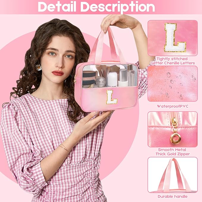 Personalized Initial Clear Makeup Bag Pink Cosmetic Bag Set Large Travel Toiletry Bag, Cute Clear Make Up Bags Organizer Bag for Girlfriend Teacher Gifts Teen Girl Gifts Trendy Stuff L (Pink)