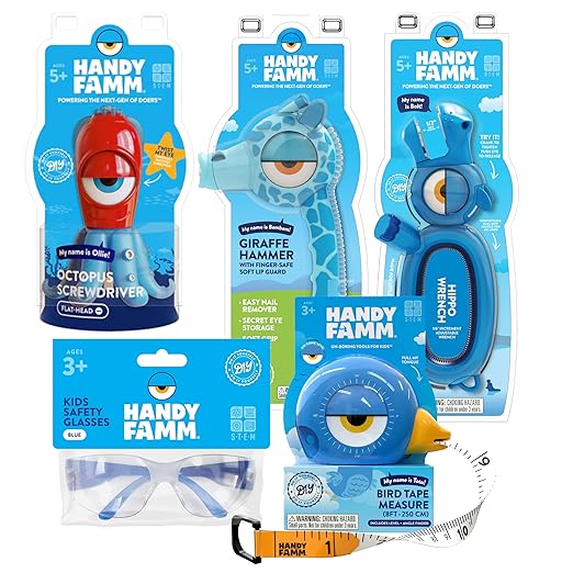 Handy Famm Children's Safety Tool Bundle - Hammer, Wrench, Screwdriver, Safety Glasses & Tape Measure for Kids - Real Tools, Made for Boys & Girls