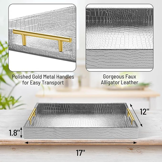 17" x 12" Wood Serving Tray with Gold Polished Metal Handles, Home Decorative Wooden Rectangle Ottoman Leather Decor Platter Bathroom Vanity Tray for All Occasions Alligator Silvery