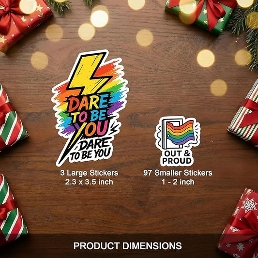 100 Pcs Rainbow Flag Pride Stickers Mixed, Stuff Vinyl Sticker Waterproof Decal Decore Laptop Water Bottle Scrapbook Hard Hat Funny Gift for Men Boy Birthday Christmas