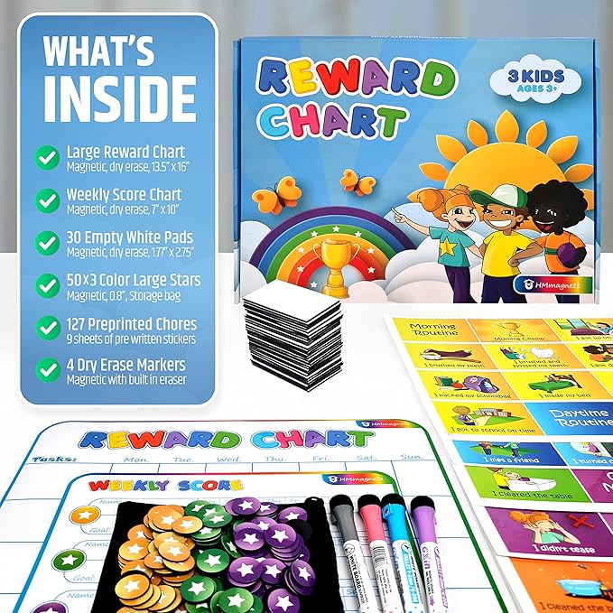 Large Magnetic Reward Chart for Multiple Kids (1-3 Kids) - 127 Pre-Written Stickers (Including Potty Training) + 30 Custom Chores - Behavior, Responsibility & Incentive Star Chart for Your Fridge