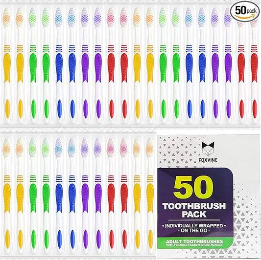 Bulk Toothbrushes 50 Pack | Individually Wrapped Travel Toothbrush Set for Adults & Kids | Made with a Medium-Soft Large Brush Head | BPA-Free & Disposable!
