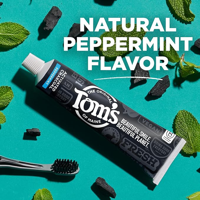 Tom’s of Maine Natural Activated Charcoal Toothpaste with Fluoride, Peppermint, 3 Pack, 4.0 Oz