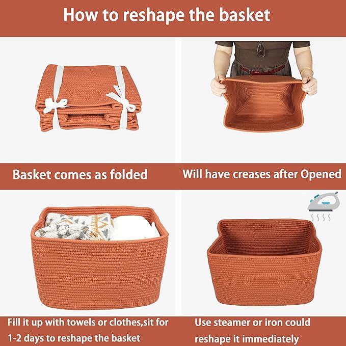 Cotton Rope storage Basket Bins Woven Basket for Organizing Shelves 14.5X9.5X9.3" Rectangle Decorative Baskets For storage Clothes Toys Books Towels Nursery basket organizer 3 pack Rust
