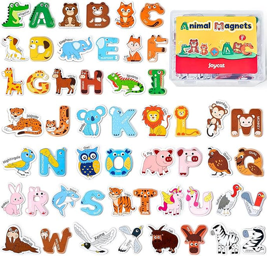 JoyCat Wooden Fridge Magnets for Kids – 26 Cute Animals & Uppercase Letters for Toddlers, Magnetic Alphabet Refrigerator Toys, Fun Educational Learning Gifts for Preschool 2 3 4 5 Years Old