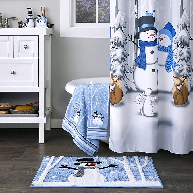 SKL Home Christmas Winter Friends Snowman 100% Cotton Premium Bath Towel, 450 GSM, Soft & Absorbent Jacquard, Decorative for Bath & Gift, Blue