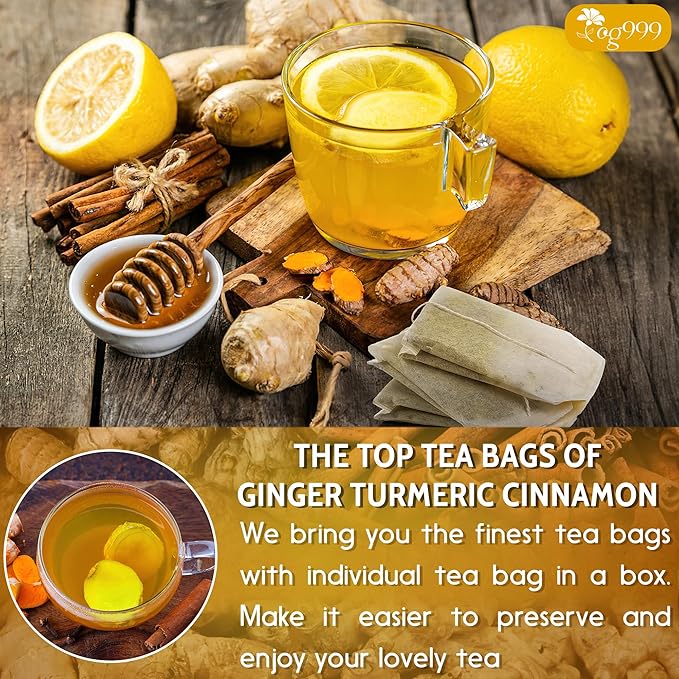 TOG999, 10 Turmeric, Ginger, Cinnamon Tea Bags, 100% Natural, Hand-made Blend of Turmeric, Ginger, and Cinnamon. Eco-conscious Tea Bags. No Sugar, No Caffeine, No Gluten, Vegan.