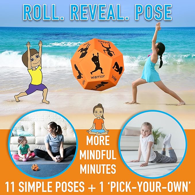 Yoga Dice - Yoga for Kids, Pose and Play Peaceful Kids Stretching Gymnastics Games and PE Equipment for Elementary School, Kindergarten, and Preschool, 12-Sided Foam Large Dice for Children