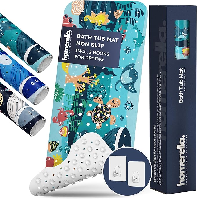 Bath Tub Mat Non Slip Anti Mold for Kids BPA Free INCL Hooks - homerella® Ocean Sea Animals 40x16, Baby Bath Mat Non Slip 200 Suction Cups, Non Toxic Machine Washable Toddler Bath Mat, EU Certified