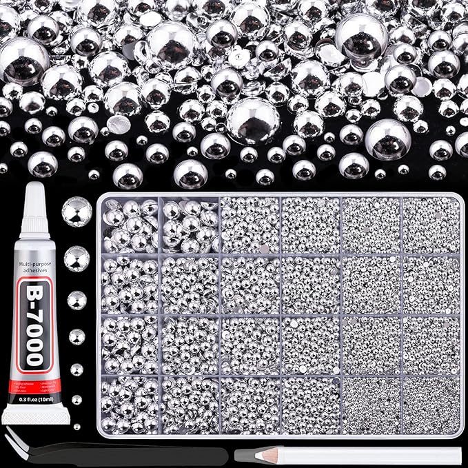 13500Pcs Flatback Pearls for Bedazzling (Silver) with B7000 Jewelry Glue, Assorted Size 2/3/4/5/6/8/10mm Half Pearl, Bedazzling Gems for Crafting Clothing Tumbler Shoes Embellishment Nail Art