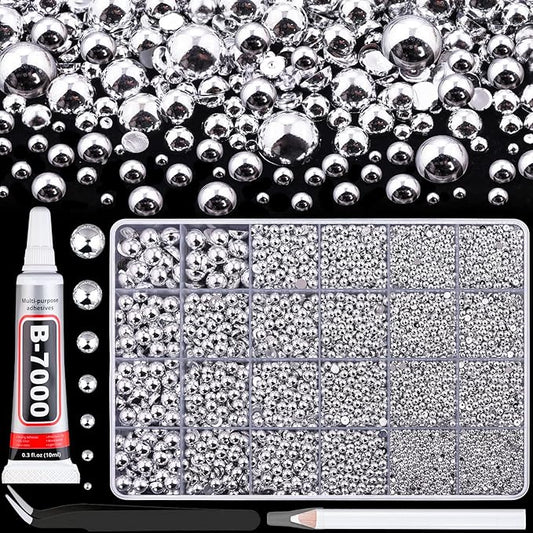 13500Pcs Flatback Pearls for Bedazzling (Silver) with B7000 Jewelry Glue, Assorted Size 2/3/4/5/6/8/10mm Half Pearl, Bedazzling Gems for Crafting Clothing Tumbler Shoes Embellishment Nail Art