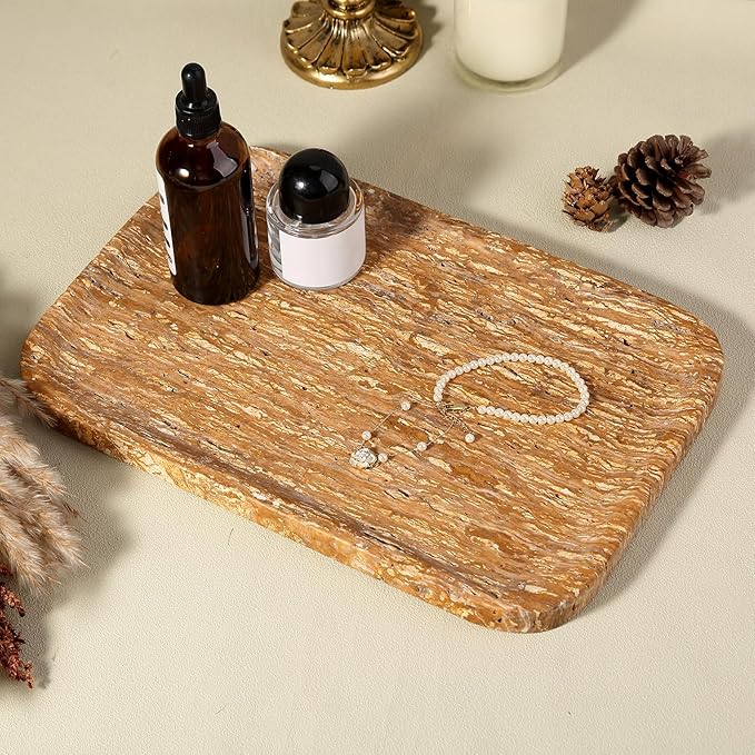Natural Marble Vanity Tray, 11.8" Travertine/Stone Bathroom Tray Countertop, Golden Stone for Perfume Jewelry Holder, Decorative Dresser Organizer, Storage for Kitchen Sink(Walnut Traver)