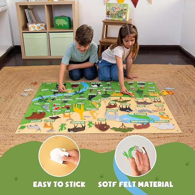 BONNYCO Felt Board for Toddlers with 116 Jungle Animals Figures. Montessori and Sensory Toys, Birthday Gifts for Kids 3-8 Years Old. Educational Games Learning Activities Christmas