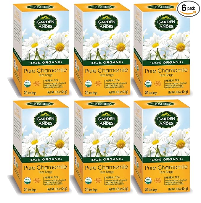 Garden of the Andes - Organic Chamomile Tea - 20 Tea Bags/Box, Pack of 6 (120 Count) - Caffeine-Free Herbal Infusion from Handpicked Flowers - Supports Digestive Comfort and Promotes Relaxation