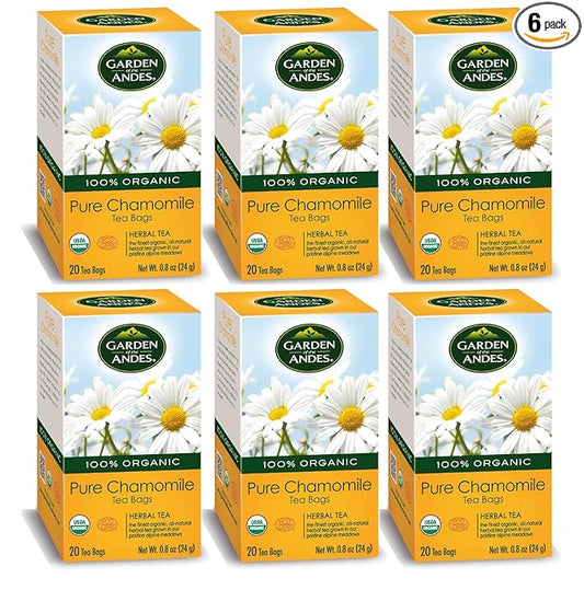 Garden of the Andes - Organic Chamomile Tea - 20 Tea Bags/Box, Pack of 6 (120 Count) - Caffeine-Free Herbal Infusion from Handpicked Flowers - Supports Digestive Comfort and Promotes Relaxation