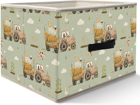Nogrit Farm Animal Nursery Storage Bins Box, Toybox for Boys Girls, Light Green Rustic Farmhouse Foldable Baskets Organizer Container with Handles for Kids Bedroom Bathroom Clothes Toys Books