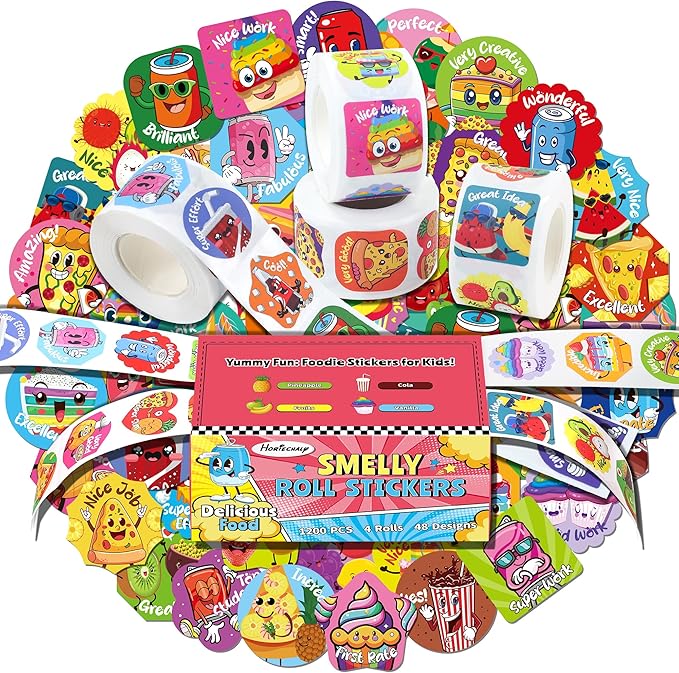 HORIECHALY Smelly Roll Stickers for Kids 4 Rolls, 1200 PCS 4 Scent Scratch and Sniff Stickers Food Theme, Positive Reward for Classroom, Portable Drawer Box for Travel, Car, Airplane