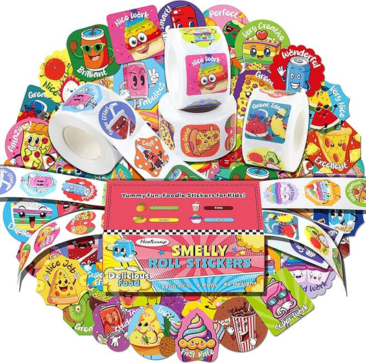 HORIECHALY Smelly Roll Stickers for Kids 4 Rolls, 1200 PCS 4 Scent Scratch and Sniff Stickers Food Theme, Positive Reward for Classroom, Portable Drawer Box for Travel, Car, Airplane