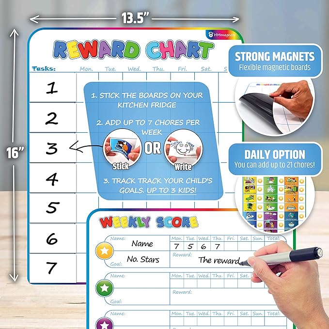 Large Magnetic Reward Chart for Multiple Kids (1-3 Kids) - 127 Pre-Written Stickers (Including Potty Training) + 30 Custom Chores - Behavior, Responsibility & Incentive Star Chart for Your Fridge