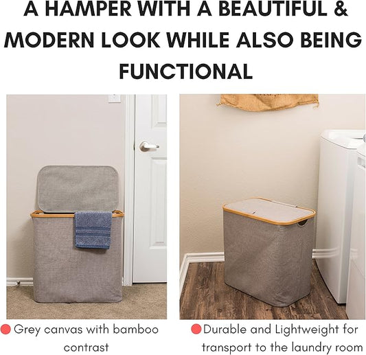 BirdRock Home Bamboo & Canvas Hamper | Single Laundry Basket with Lid | Foldable Hamper | Cut Out Handles