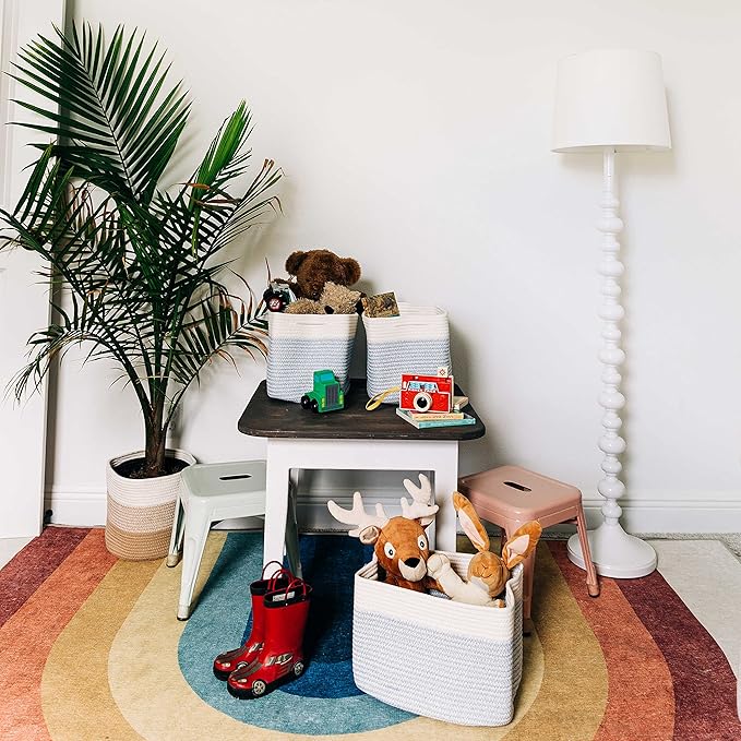 OrganiHaus Set of 3 Woven Storage Baskets for Shelves, Decorative Organizer Bins for Closet & Bathroom, Multipurpose Home Organization Baskets, Toy Storage Basket - Blue/Off-White, 15x9x10 inches