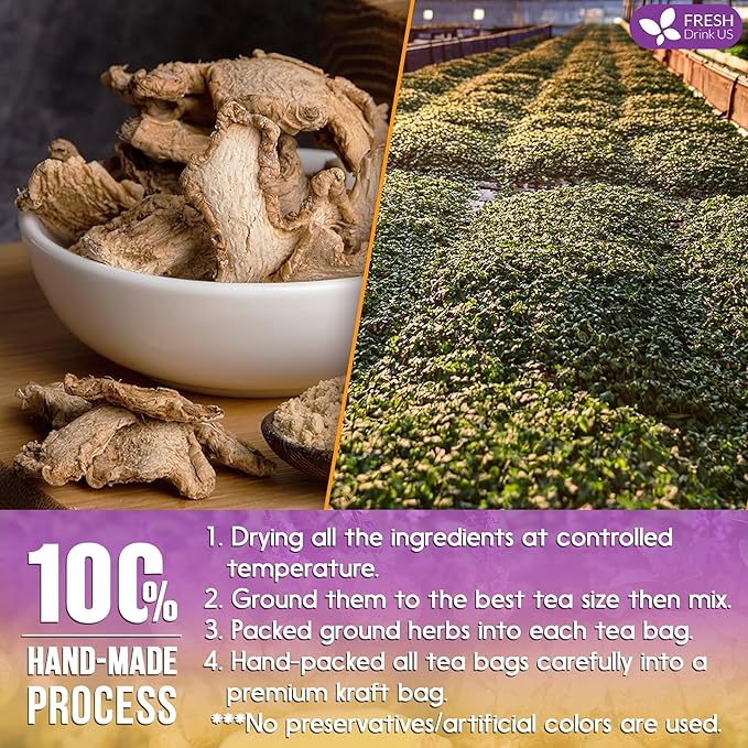 FreshDrinkUS, Premium 135 Ginger Tulsi Tea Bags, 100% Natural, Hand-made Blend of Ginger and Tulsi Holy Basil Leaves, Eco-conscious Tea Bags. Ginger Tulsi Herbal Tea. No Sugar, No Caffeine, Vegan.